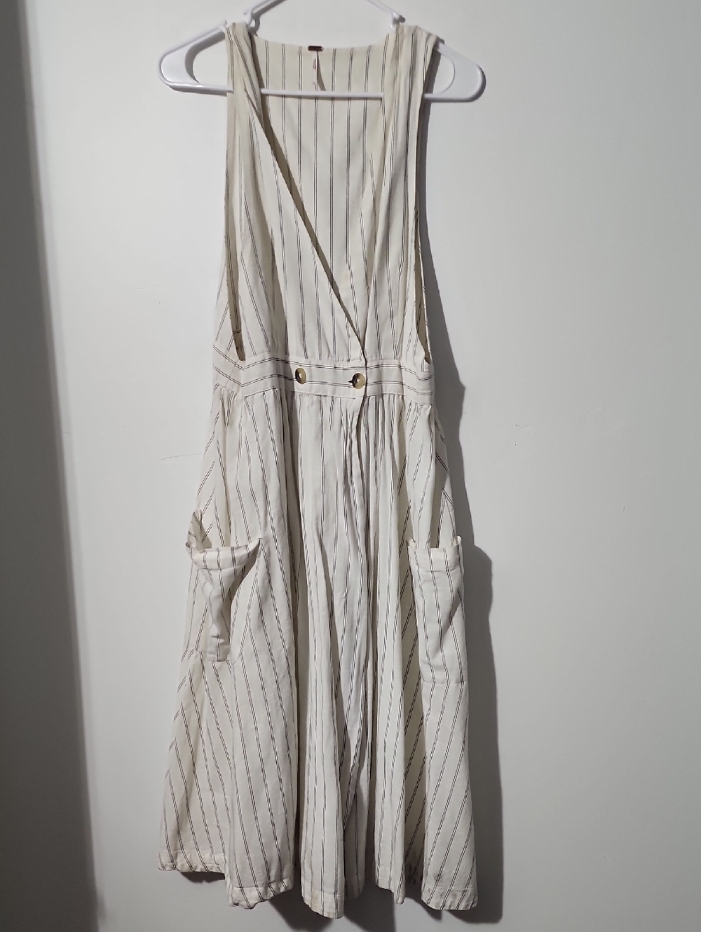Cream Striped Pinafore Dress with Front Pockets